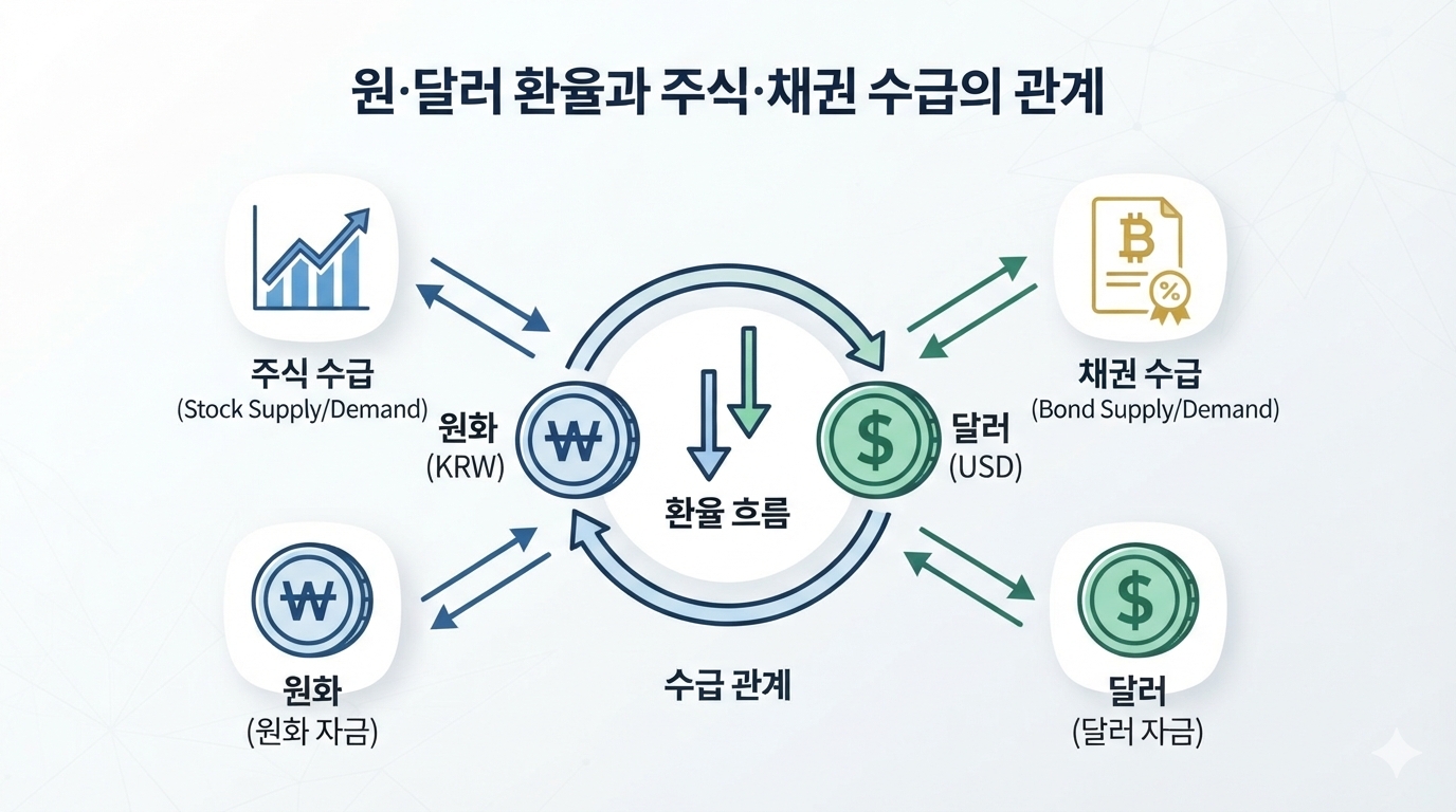 환율과 외국인 자금 흐름에서 주식과 채권 수급이 연결되는 구조 다이어그램