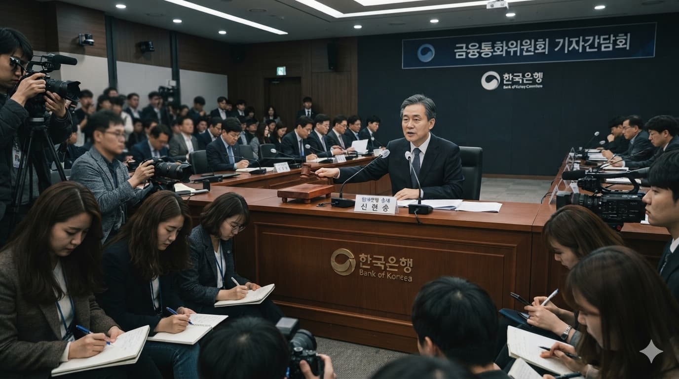 금통위 기준금리 동결 직후 기자간담회에서 긴축 기조 유지를 설명하는 한국은행 총재