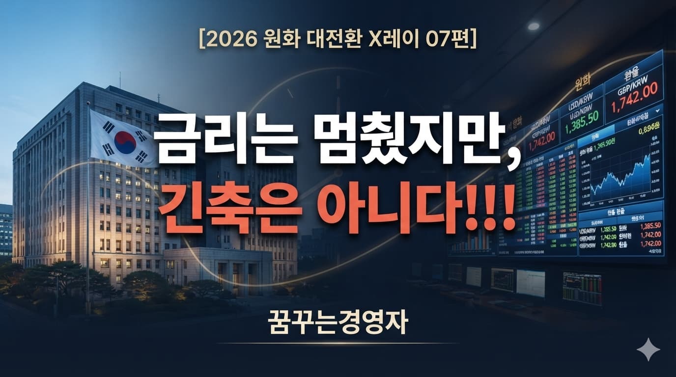 금통위 기준금리 동결 뒤 원달러 환율 안정을 상징하는 한국은행과 딜링룸 썸네일
