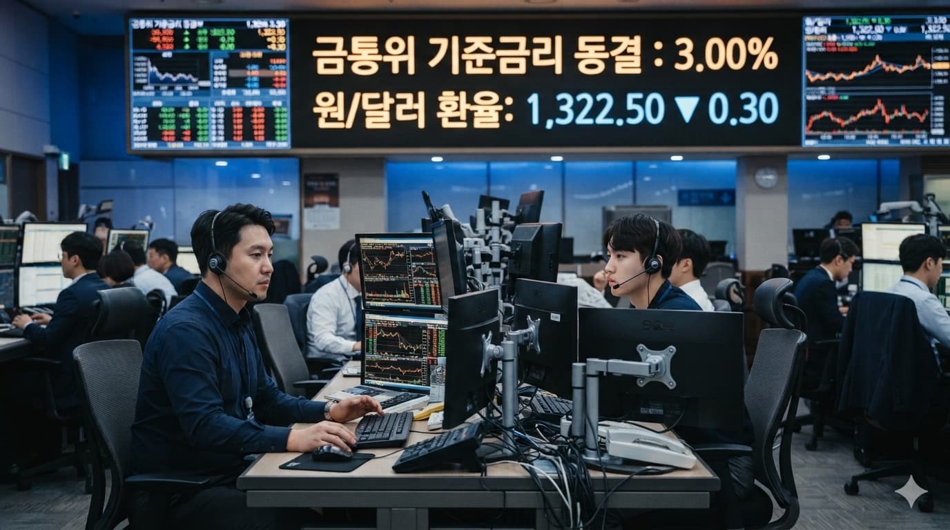 금통위 기준금리 동결 이후 1,320원대 환율을 지켜보는 은행 딜링룸
