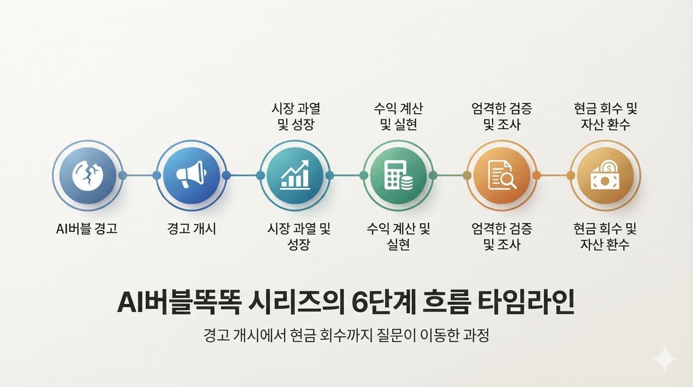AI버블똑똑 시리즈의 6단계 흐름을 나타낸 타임라인. 경고 개시에서 현금 회수까지 질문이 이동한 과정