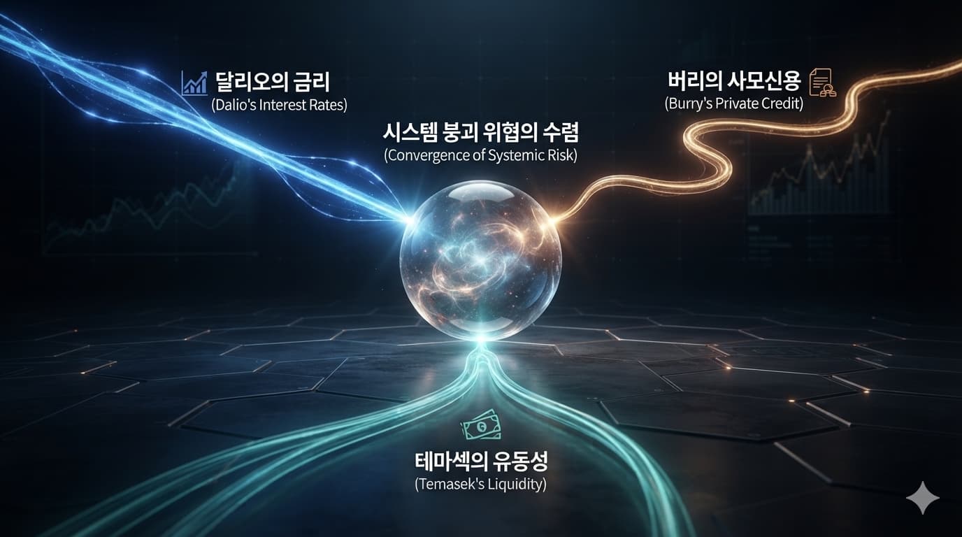 달리오의 금리, 버리의 사모신용, 테마섹의 유동성이라는 서로 다른 세 경고가 한 지점으로 모이는 개념도