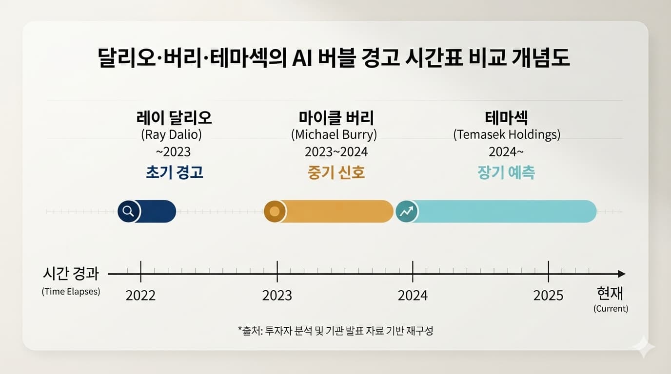 달리오·버리·테마섹의 AI 버블 경고 시간표 비교 개념도, 서로 길이가 다른 세 구간