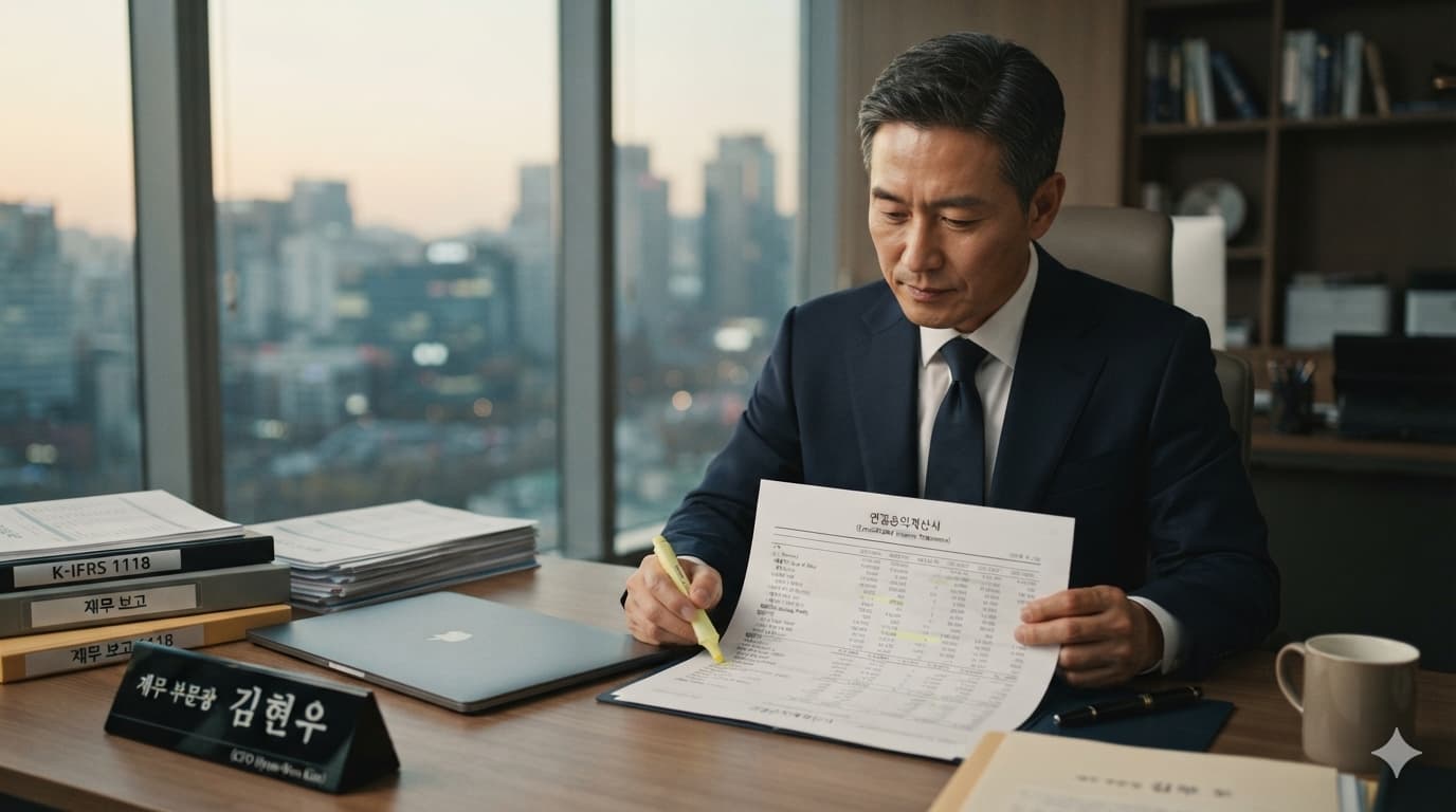 K-IFRS 1118 범주 분류를 검토하며 연결 손익계산서를 확인하는 재무 임원의 사무실 장면