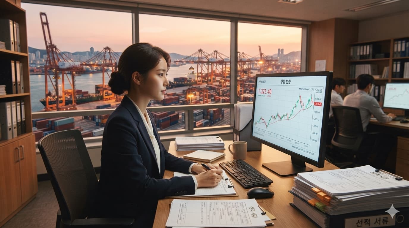 K-IFRS 1118 범주 분류에서 외환차이 원천을 가르는 무역 담당자가 환율 화면을 보는 항구 사무실