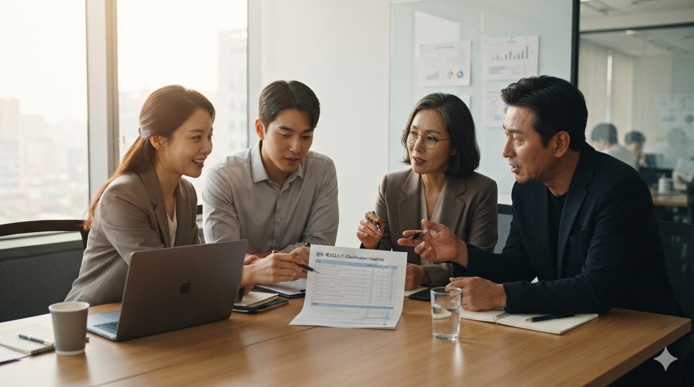 K-IFRS 1118 범주 분류 준비 체크리스트를 함께 점검하는 재무팀 회의 장면