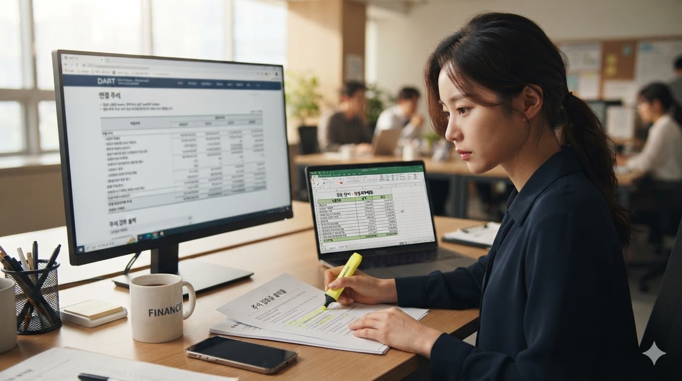 영업손익 변동 계산을 위해 DART 연결 주석을 대조하는 재무팀 담당자