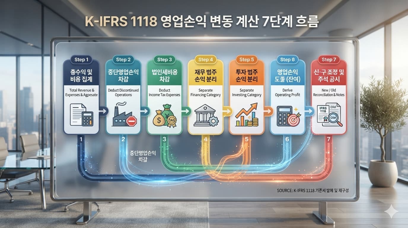영업손익 변동 계산을 K-IFRS 1118 기준 7단계로 나눈 흐름 다이어그램