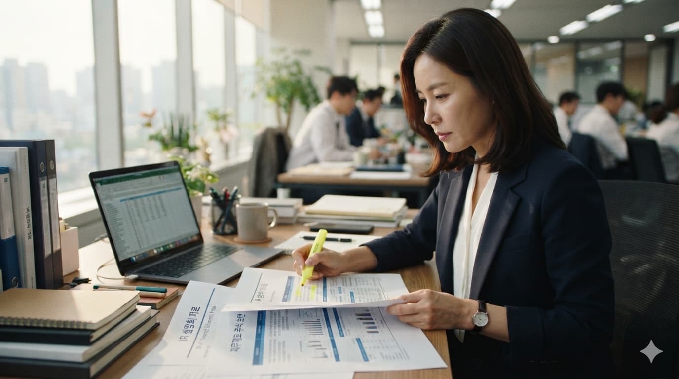 MPM 공시를 앞두고 IR 자료와 재무제표 주석 초안을 대조하는 IR 담당자