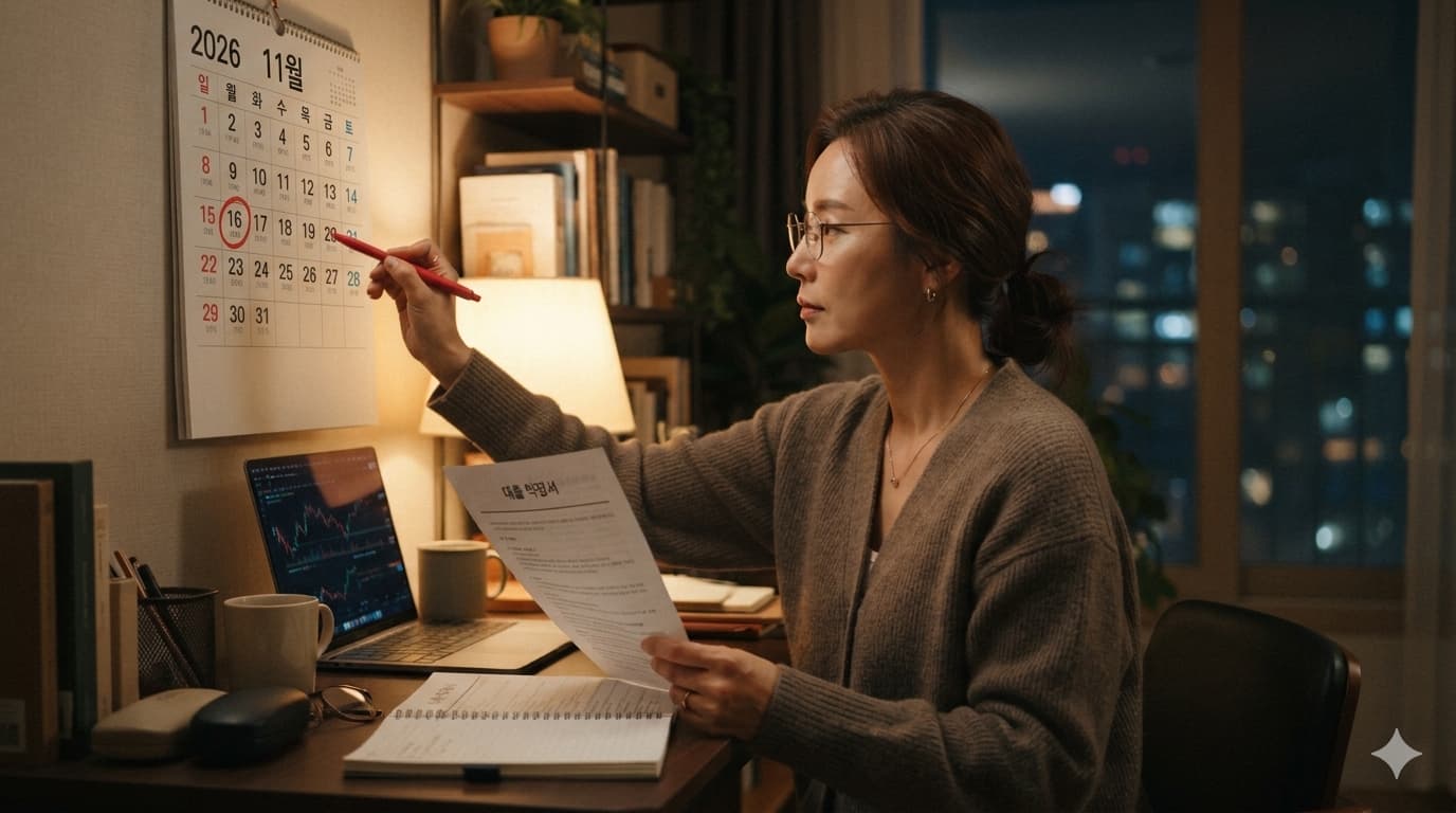 변동금리 주담대 재산정일을 달력에 표시하고 약정서를 검토하는 직장인