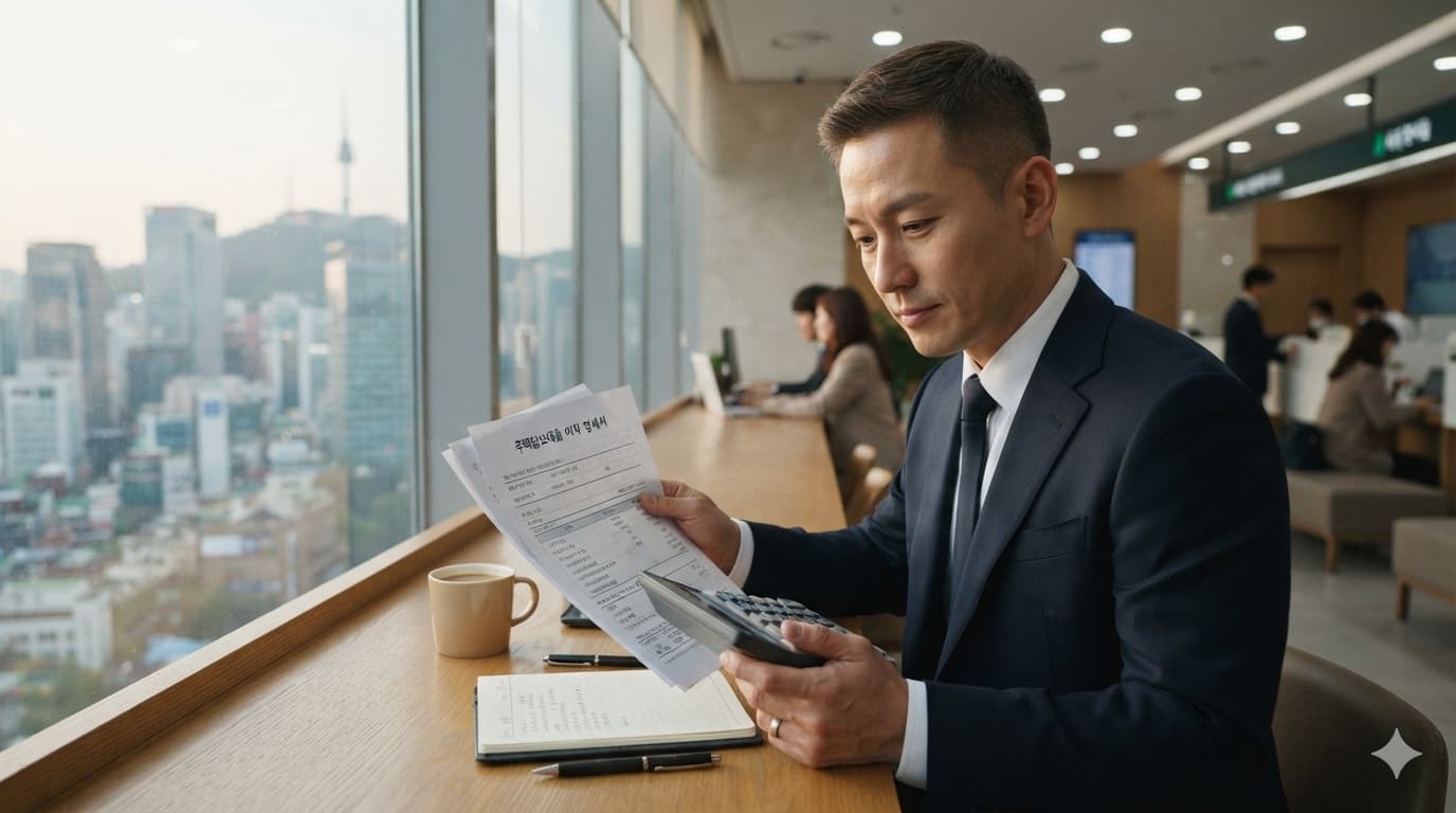 변동금리 주담대 이자 명세서를 계산기로 확인하는 직장인