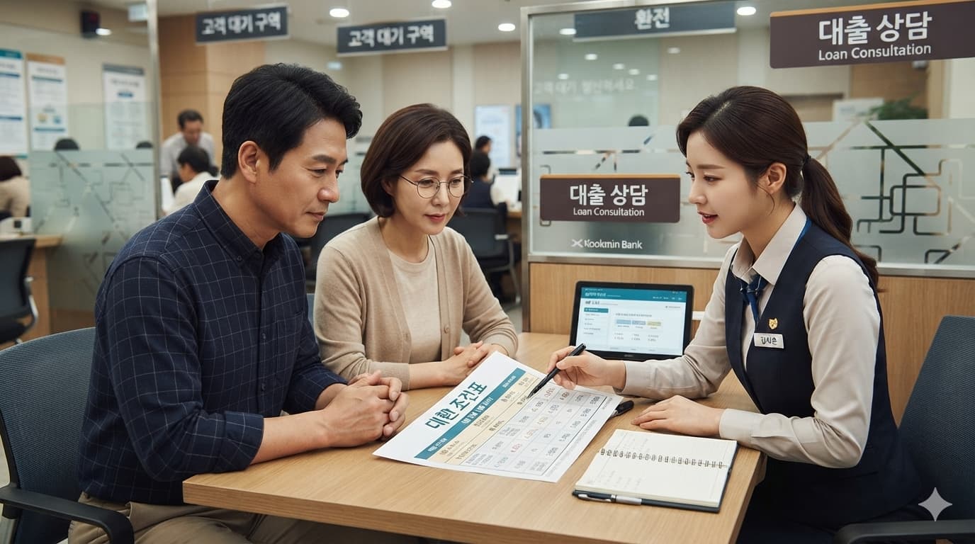 주담대 갈아타기 조건표를 상담 직원과 함께 비교하는 부부