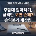 주담대 갈아타기 손익분기를 계산하는 계산기와 대출 약정서, 주택 모형 두 개