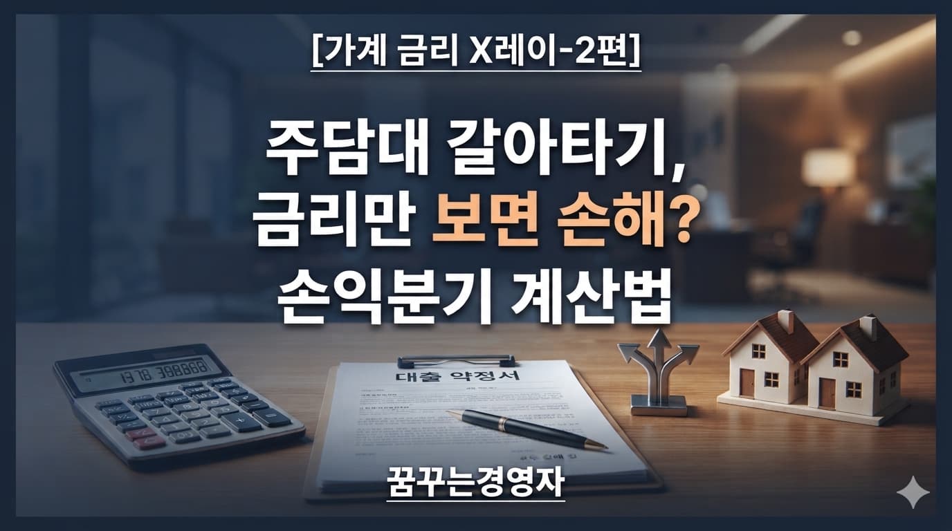 주담대 갈아타기 손익분기를 계산하는 계산기와 대출 약정서, 주택 모형 두 개