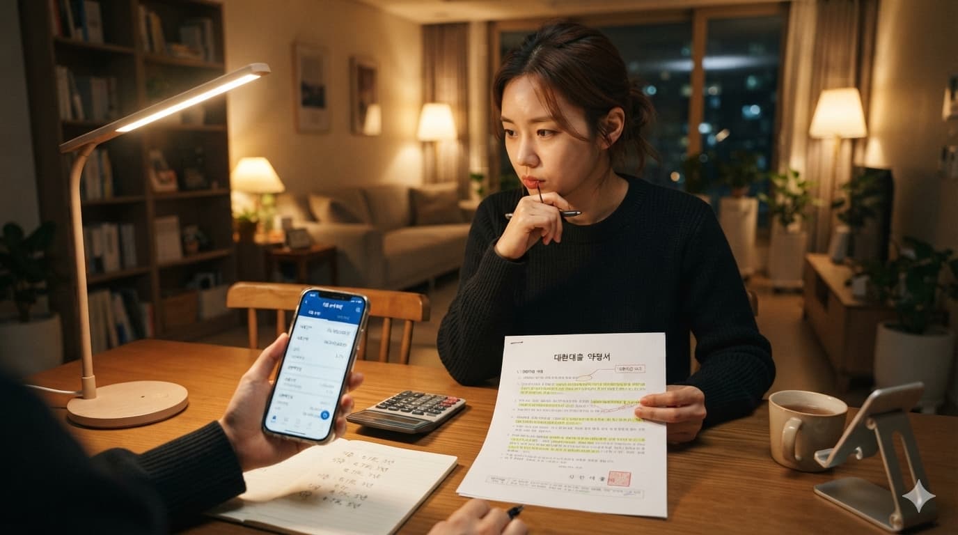 주담대 갈아타기 전에 약정서와 은행 앱 대출 상세 화면을 비교하는 직장인