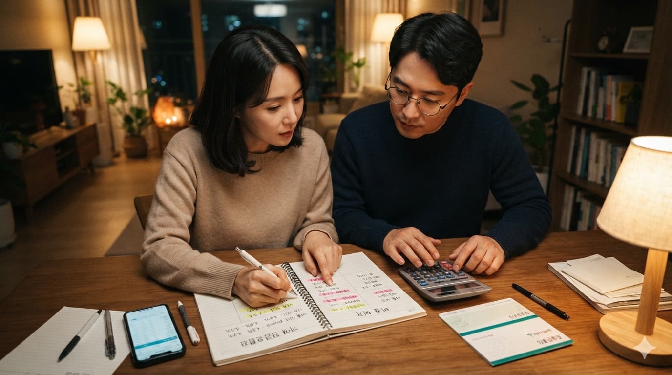 대출 상환과 예금 이자를 비교하며 가계 현금흐름을 정리하는 부부