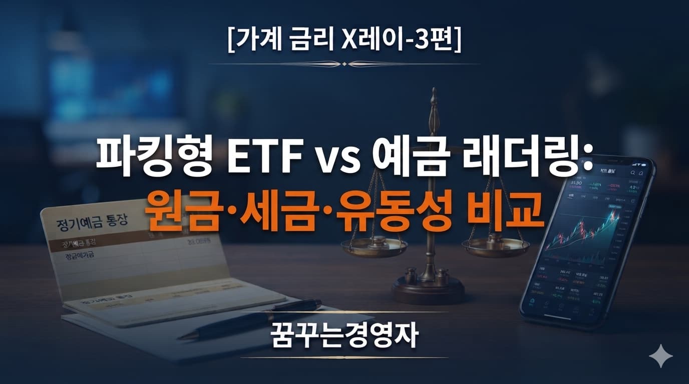 파킹형 ETF와 정기예금을 비교하는 통장, 스마트폰 증권 앱, 저울 오브제