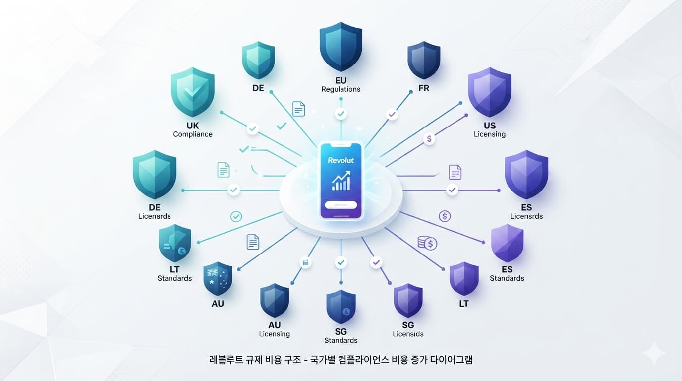 레볼루트 규제 비용이 국가별 규칙에 따라 늘어나는 구조를 보여주는 개념도