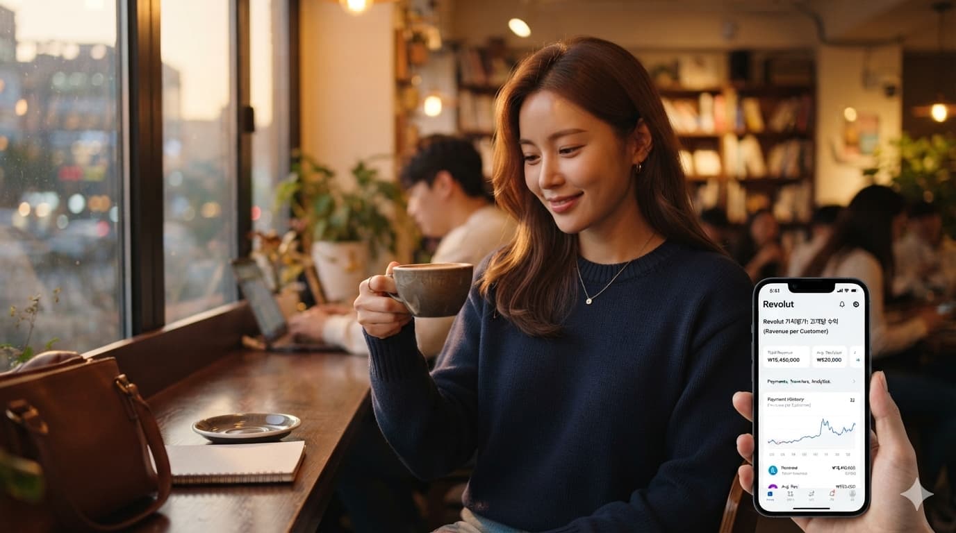레볼루트 가치평가의 핵심인 고객당 수익을 보여주는 스마트폰 금융 서비스 이용 장면