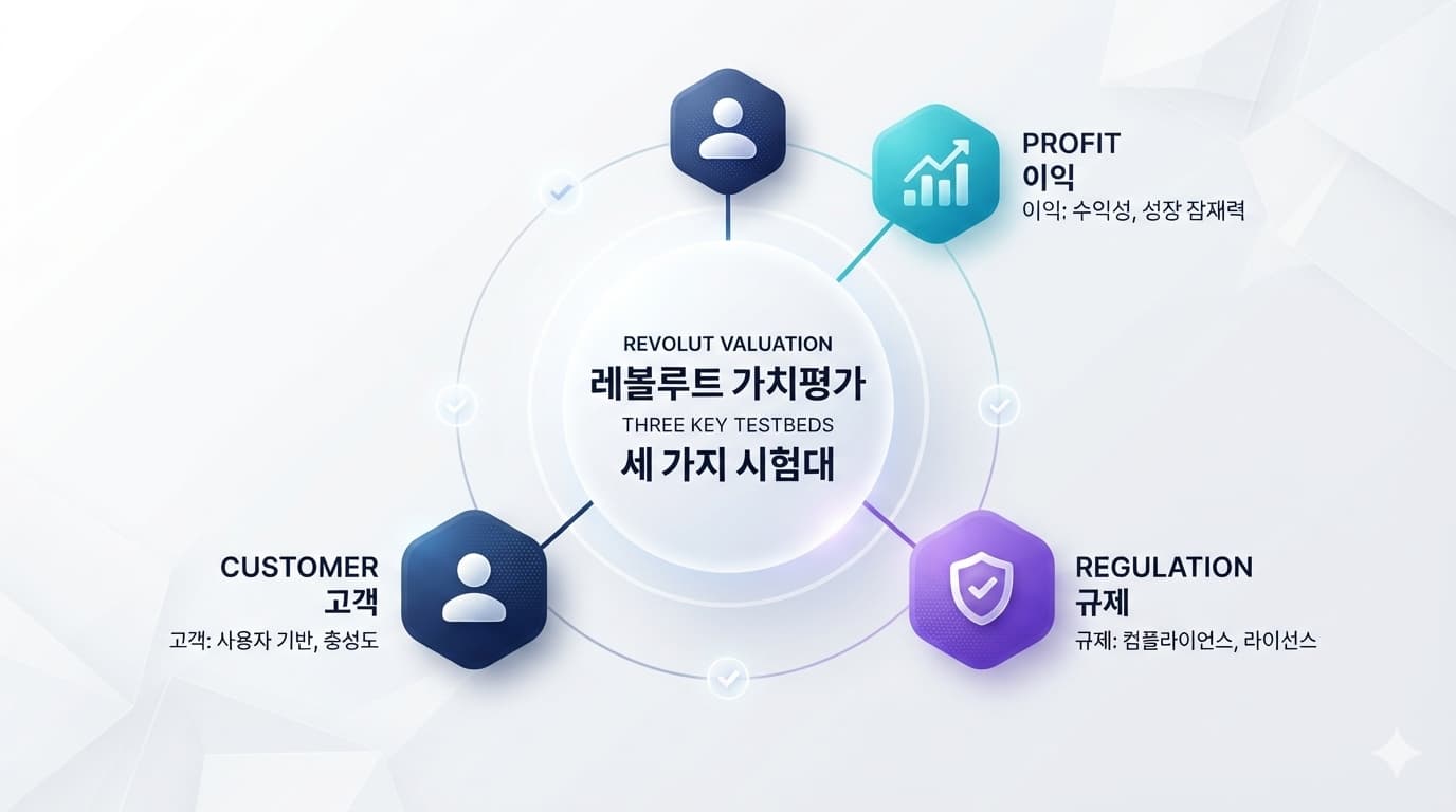 레볼루트 가치평가의 세 가지 시험대인 이익·고객·규제를 보여주는 개념도
