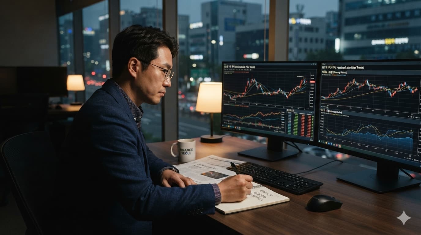 반도체 업황 지표를 분석하는 애널리스트가 두 대의 모니터로 가격 추이를 확인하는 사무실 장면