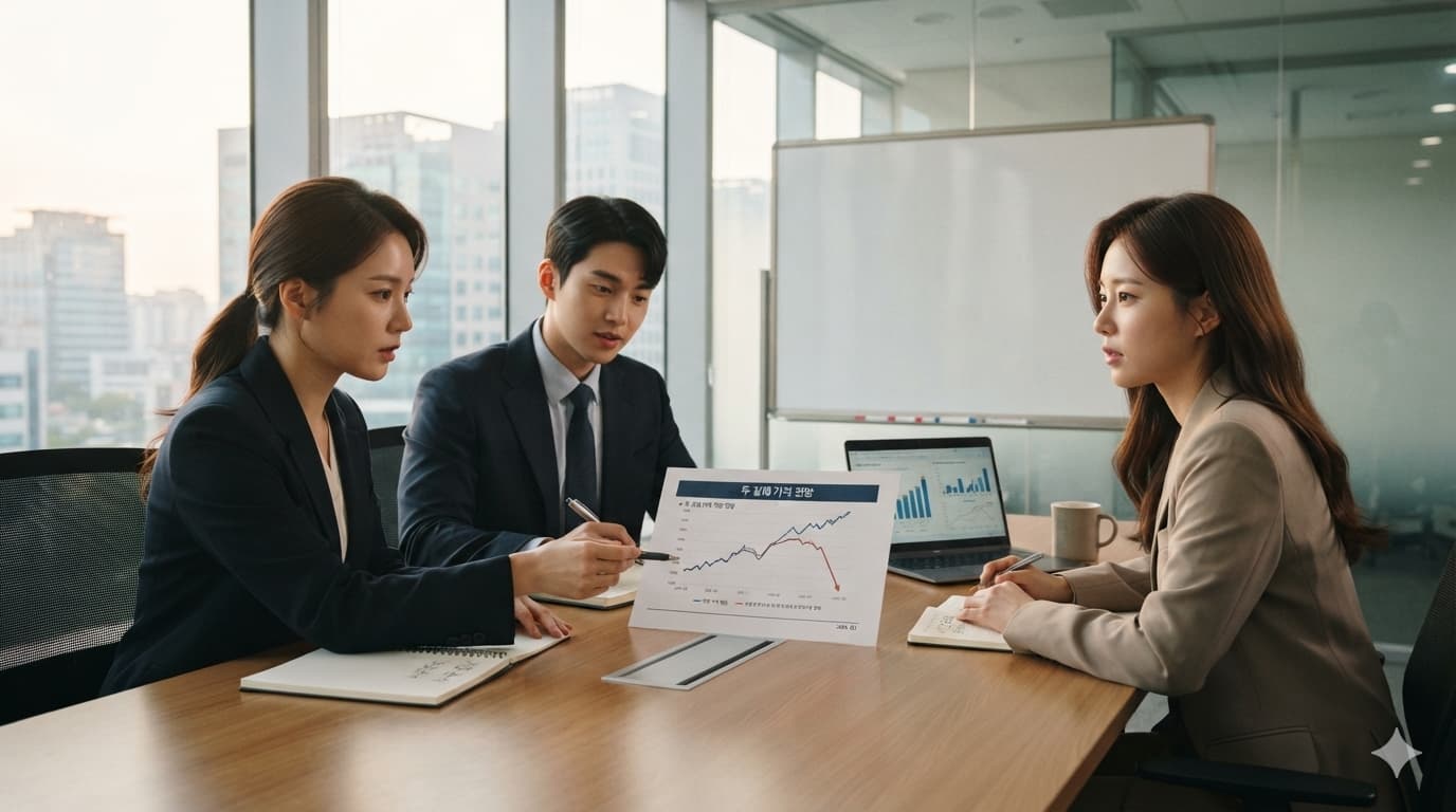 메모리 업황 전망이 엇갈리는 상황을 두 갈래 그래프로 토론하는 분석팀 회의 장면