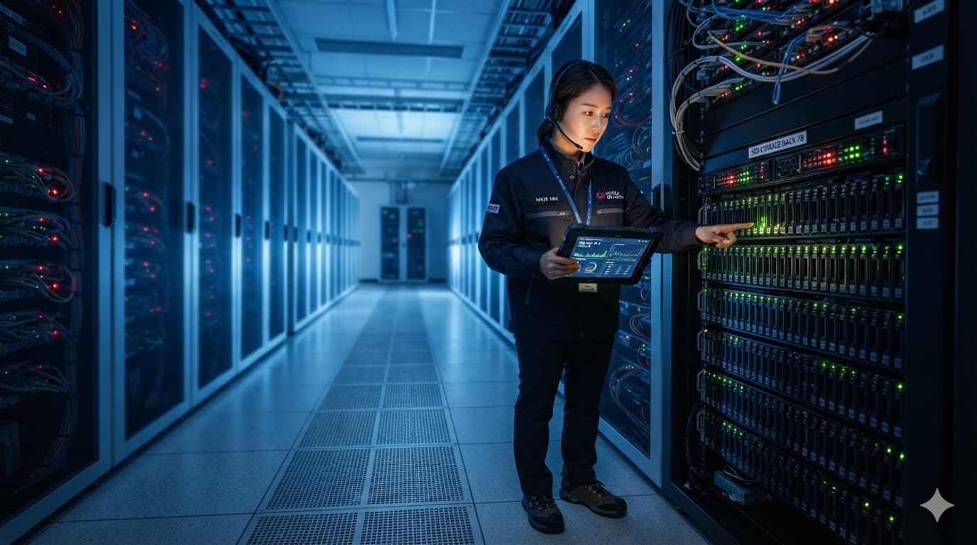 메모리 업황 중 NAND 수요를 상징하는 데이터센터 SSD 스토리지 랙 점검 장면