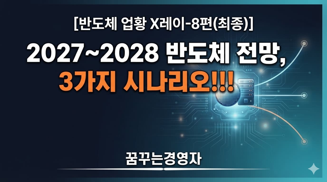 반도체 슈퍼사이클 전망의 강세 기준 약세 시나리오와 분기 대시보드를 상징하는 곡선 배경