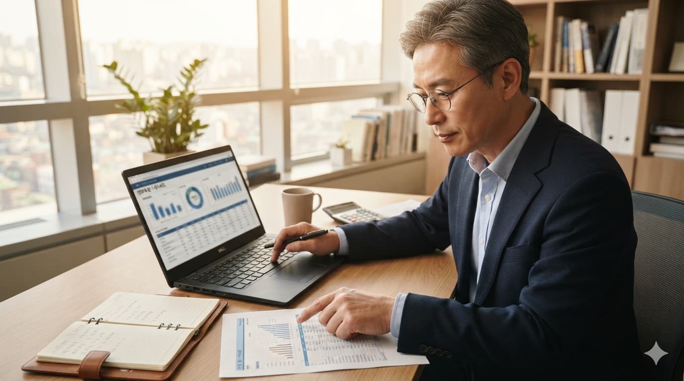 반도체 슈퍼사이클 전망을 위해 분기 대시보드를 갱신하는 컨설턴트 장면