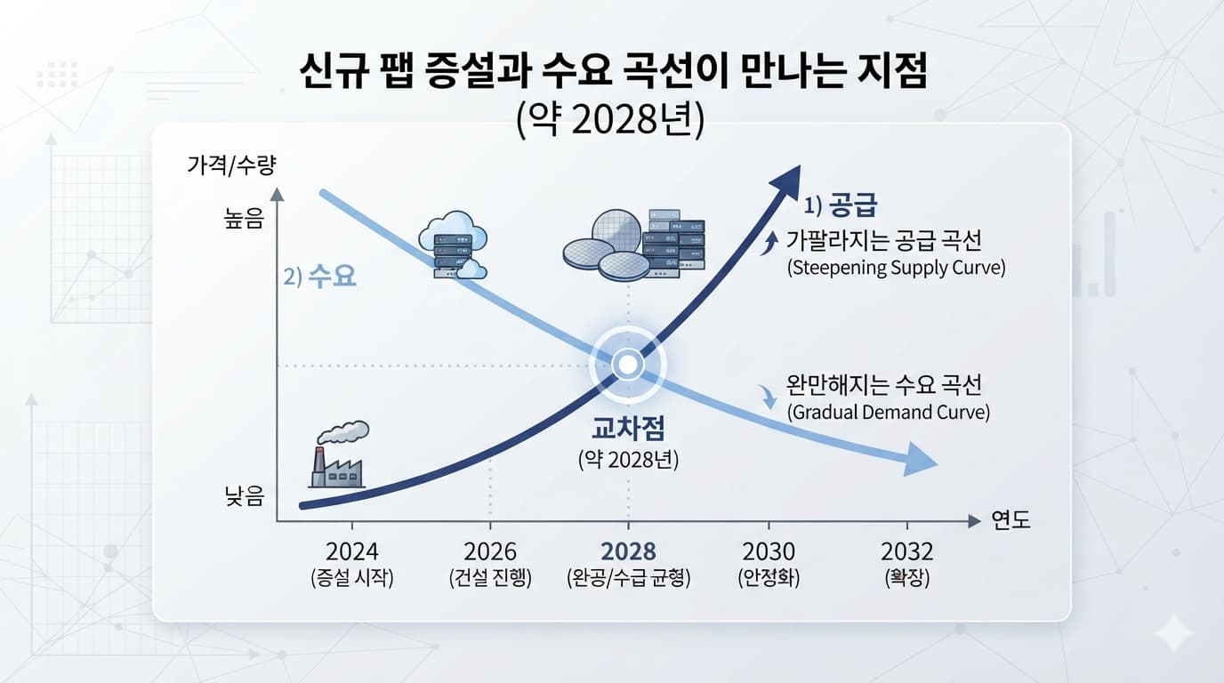 반도체 슈퍼사이클 전망에서 신규 팹 증설과 AI 수요가 2028년 전후에 만나는 개념도