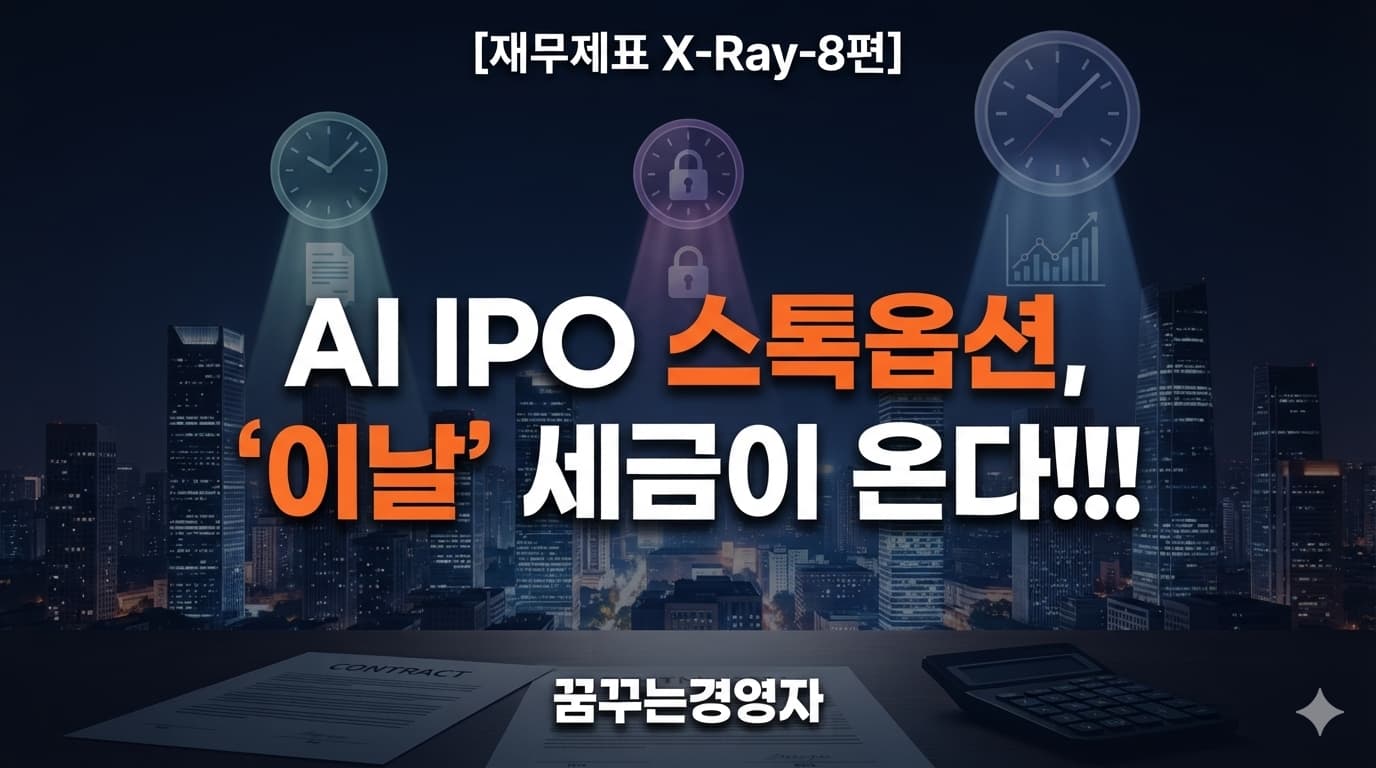 AI IPO 스톡옵션 세금 시점의 세 개의 시계를 상징하는 썸네일 배경